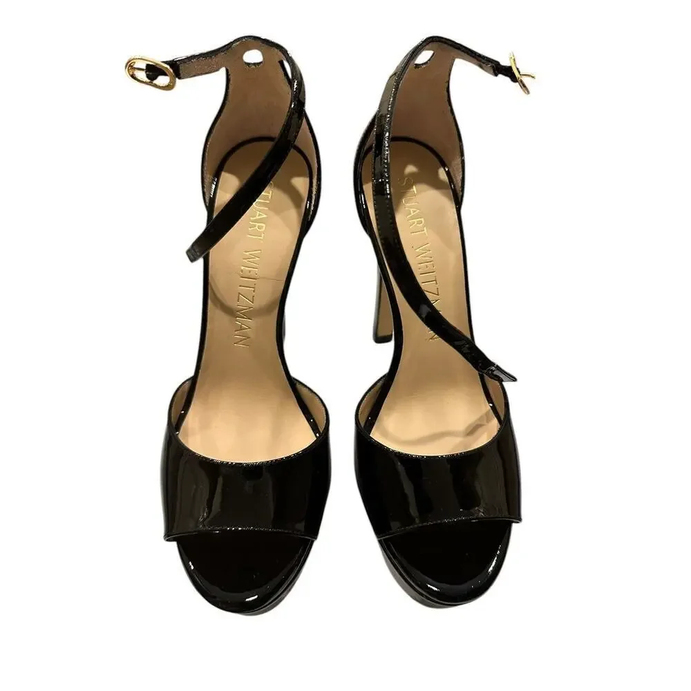 Stuart Weitzman DiscoPlatform Black Patent Leather Sandals Sz 9 $595 NEW